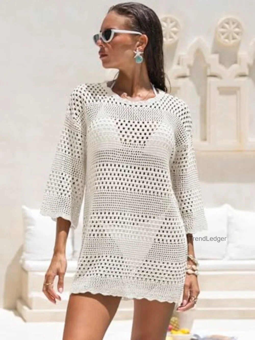 Women's 3/4 Sleeve Crochet Knit Swimsuit Cover Up Mini Dress